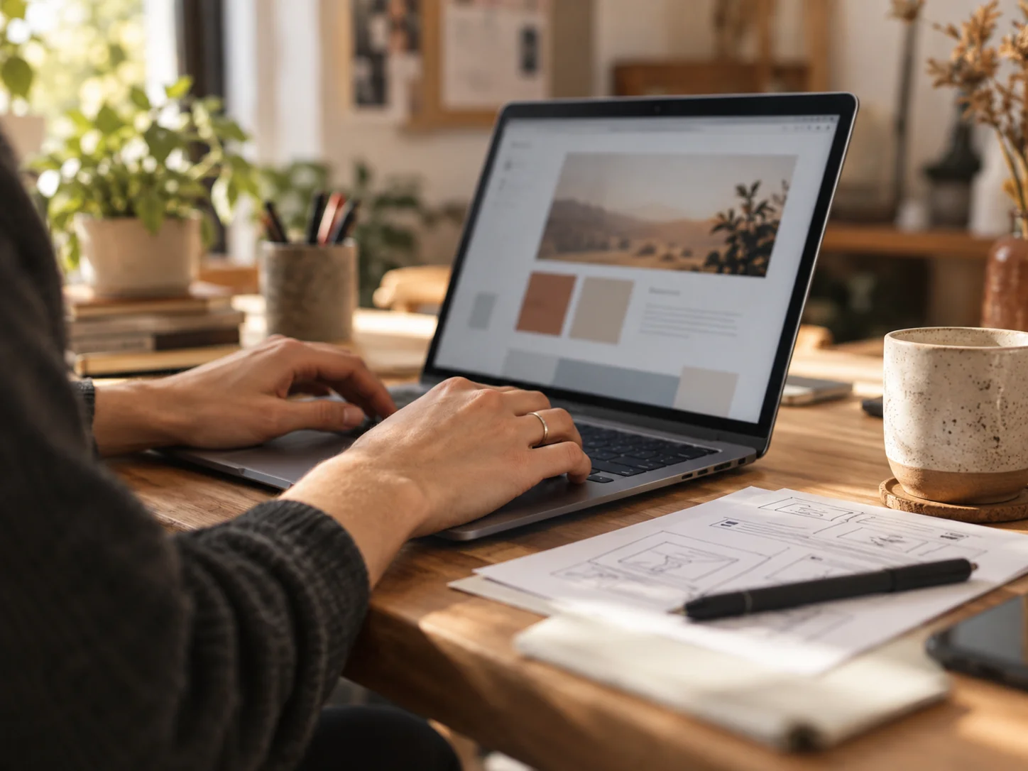 Hände tippen an einem Laptop auf einem Holztisch, daneben liegt eine Skizze für den Aufbau einer Website