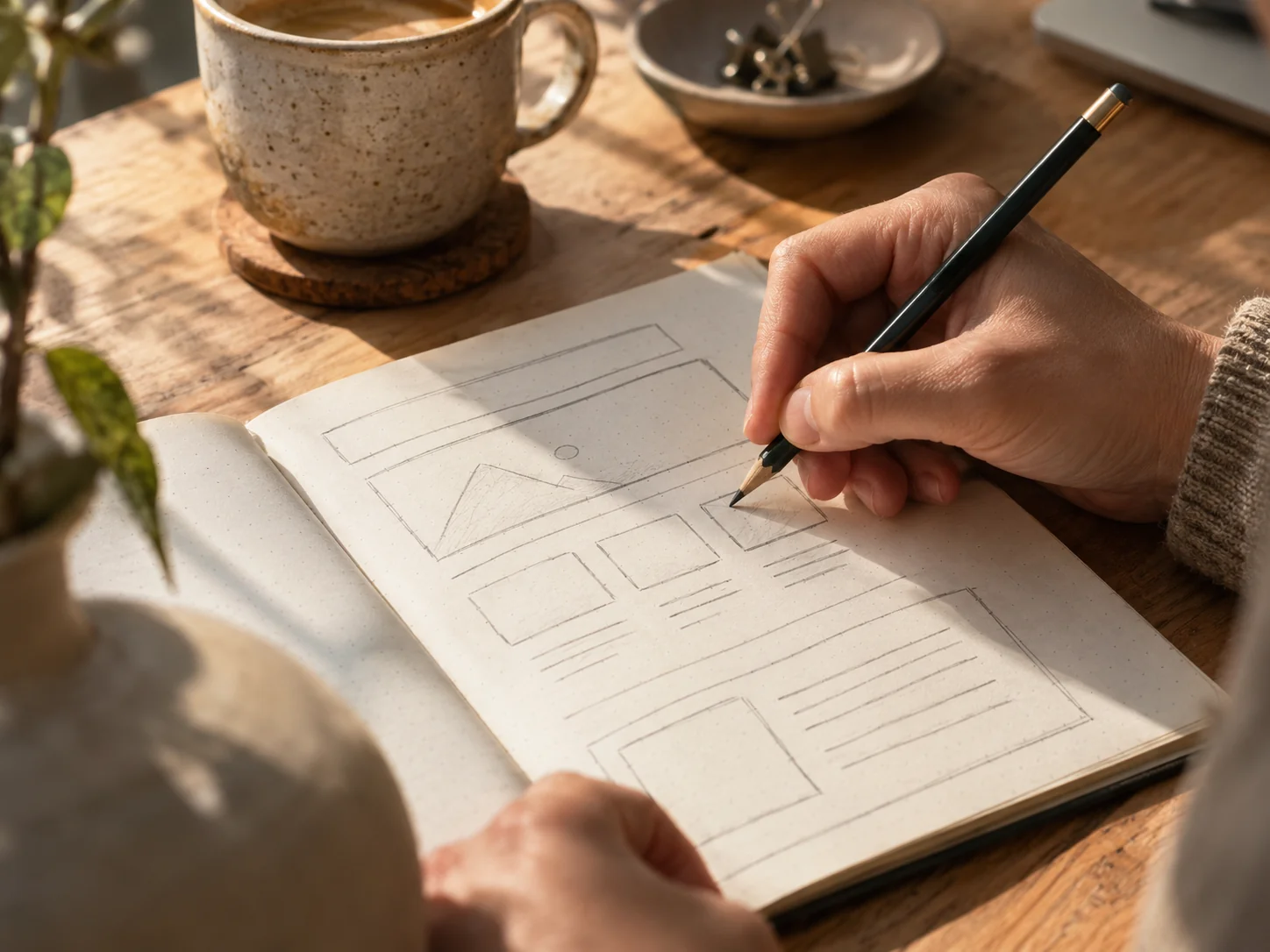 Eine Hand zeichnet mit Bleistift den Aufbau einer Website in ein Notizbuch, daneben eine Keramiktasse