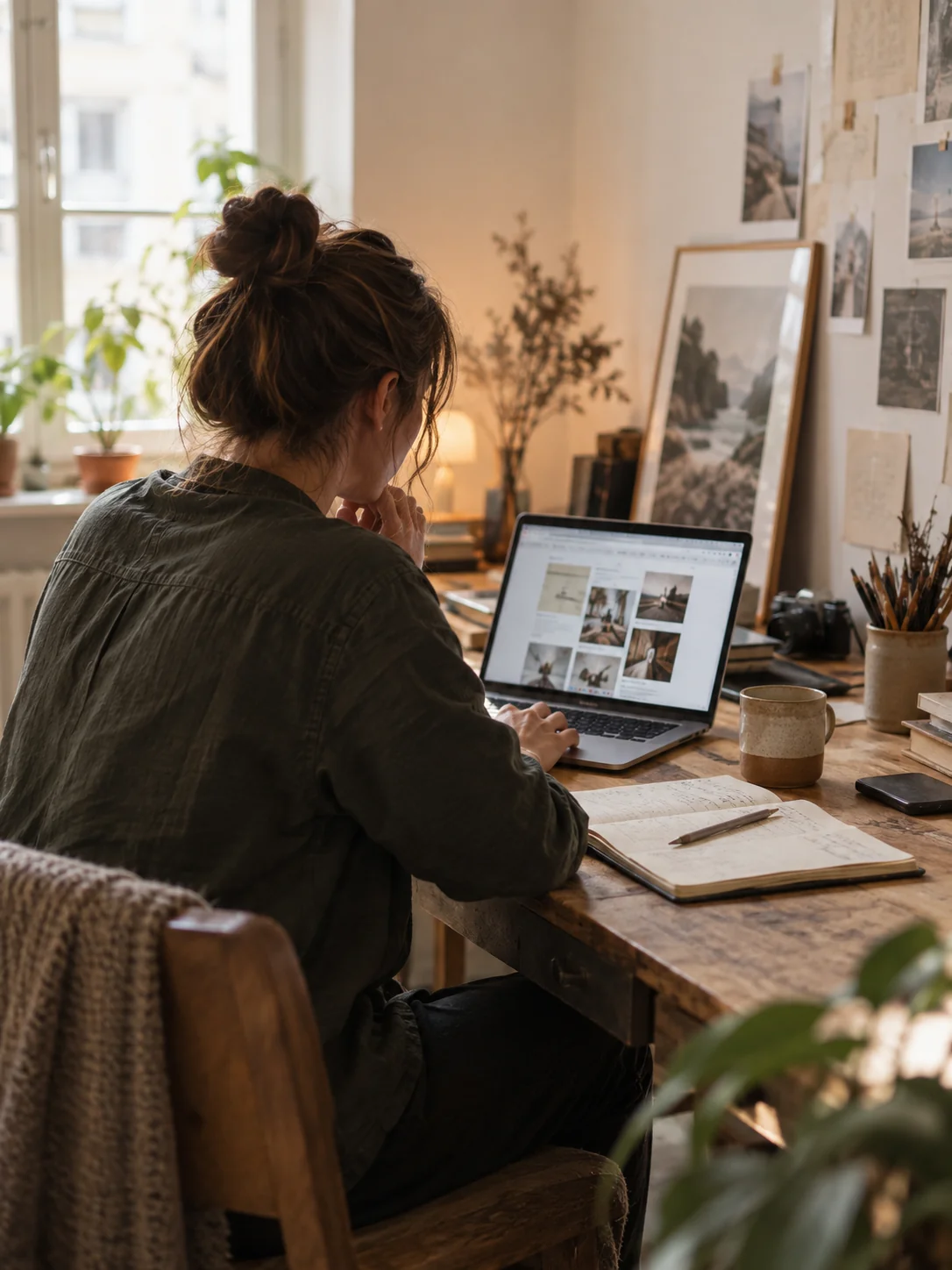 Eine Person von hinten, sie arbeitet an einem Schreibtisch mit Laptop und Notizen