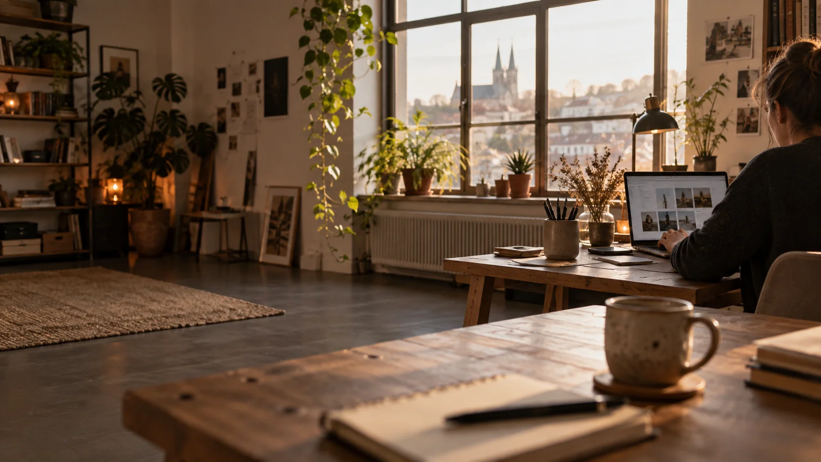 Kleines Studio im warmen Tageslicht: Schreibtisch mit Laptop, Notizbuch und Kaffeetasse vor einem großen Fenster